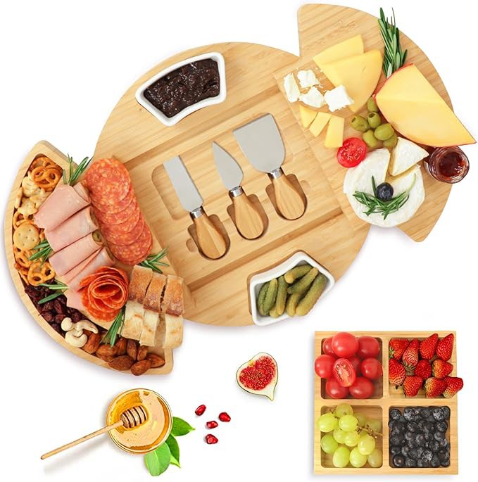 Bamboo Large Round Charcuterie Cheese Board Set